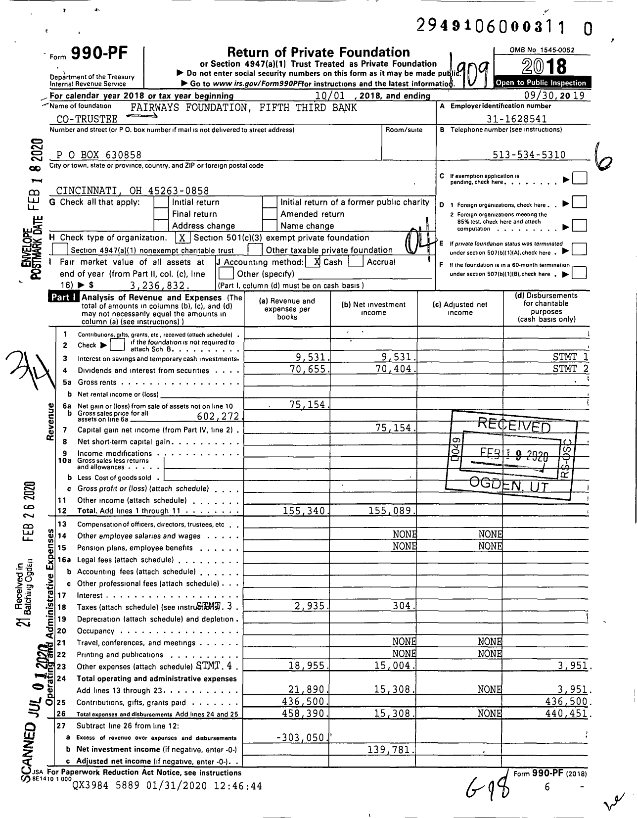 Image of first page of 2018 Form 990PR for Fairways Foundation Fifth Third Bank Na