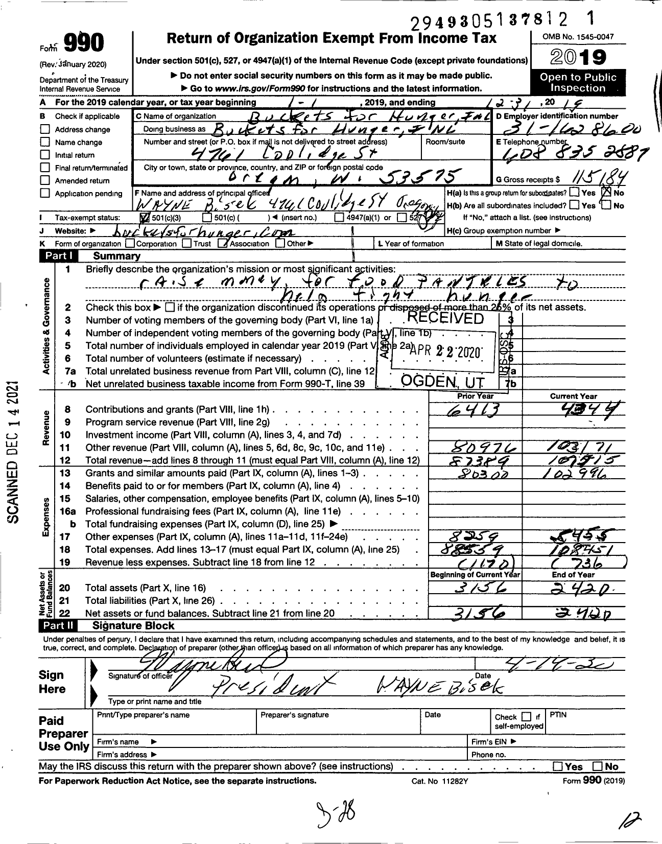 Image of first page of 2019 Form 990 for Buckets for Hunger