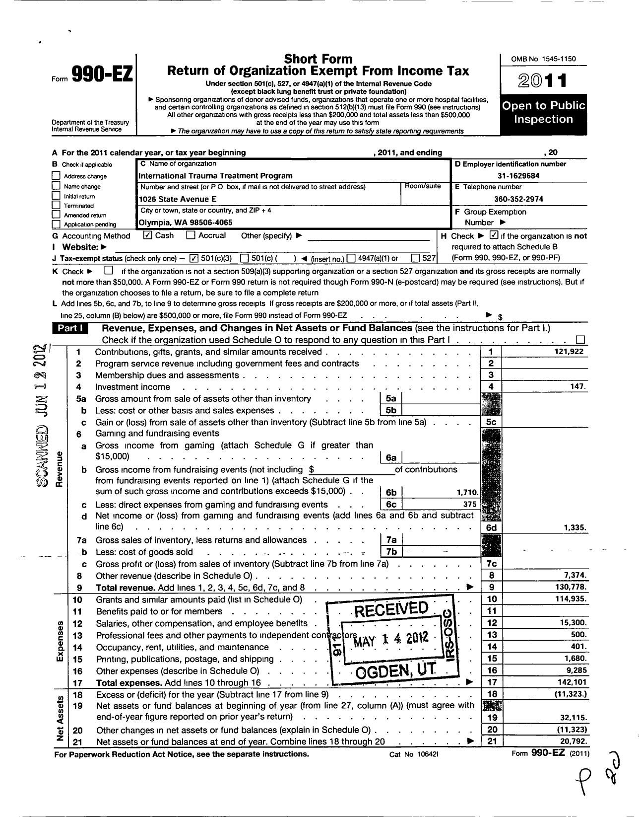 Image of first page of 2011 Form 990EZ for International Trauma Treatment Program