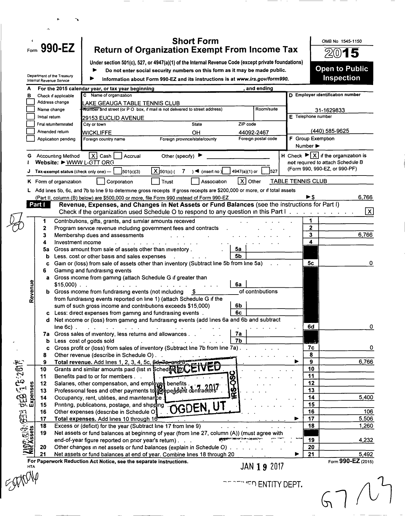 Image of first page of 2015 Form 990EO for Lake Geauga Table Tennis Club