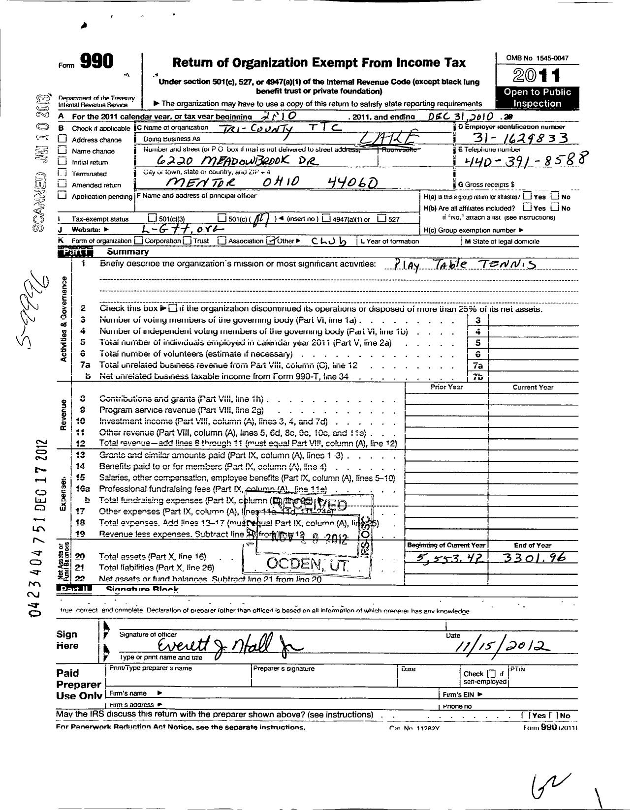 Image of first page of 2010 Form 990EO for Lake Geauga Table Tennis Club