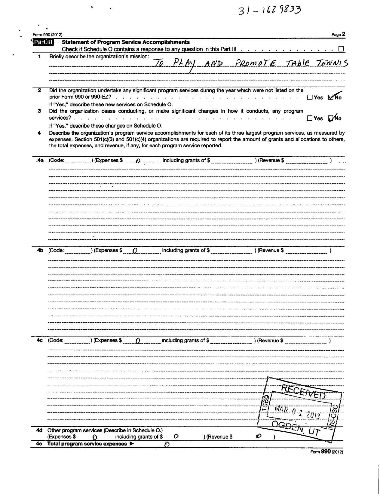 Image of first page of 2010 Form 990OR for Lake Geauga Table Tennis Club