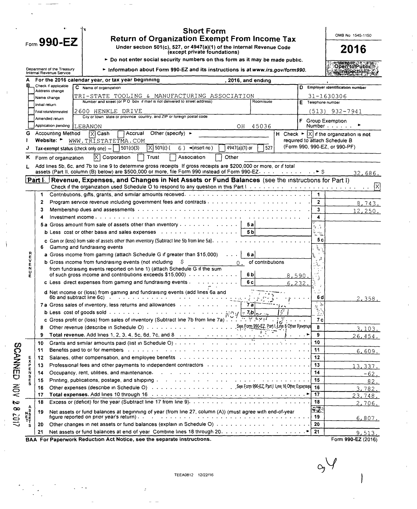 Image of first page of 2016 Form 990EO for Tri-State Tooling and Machining Association