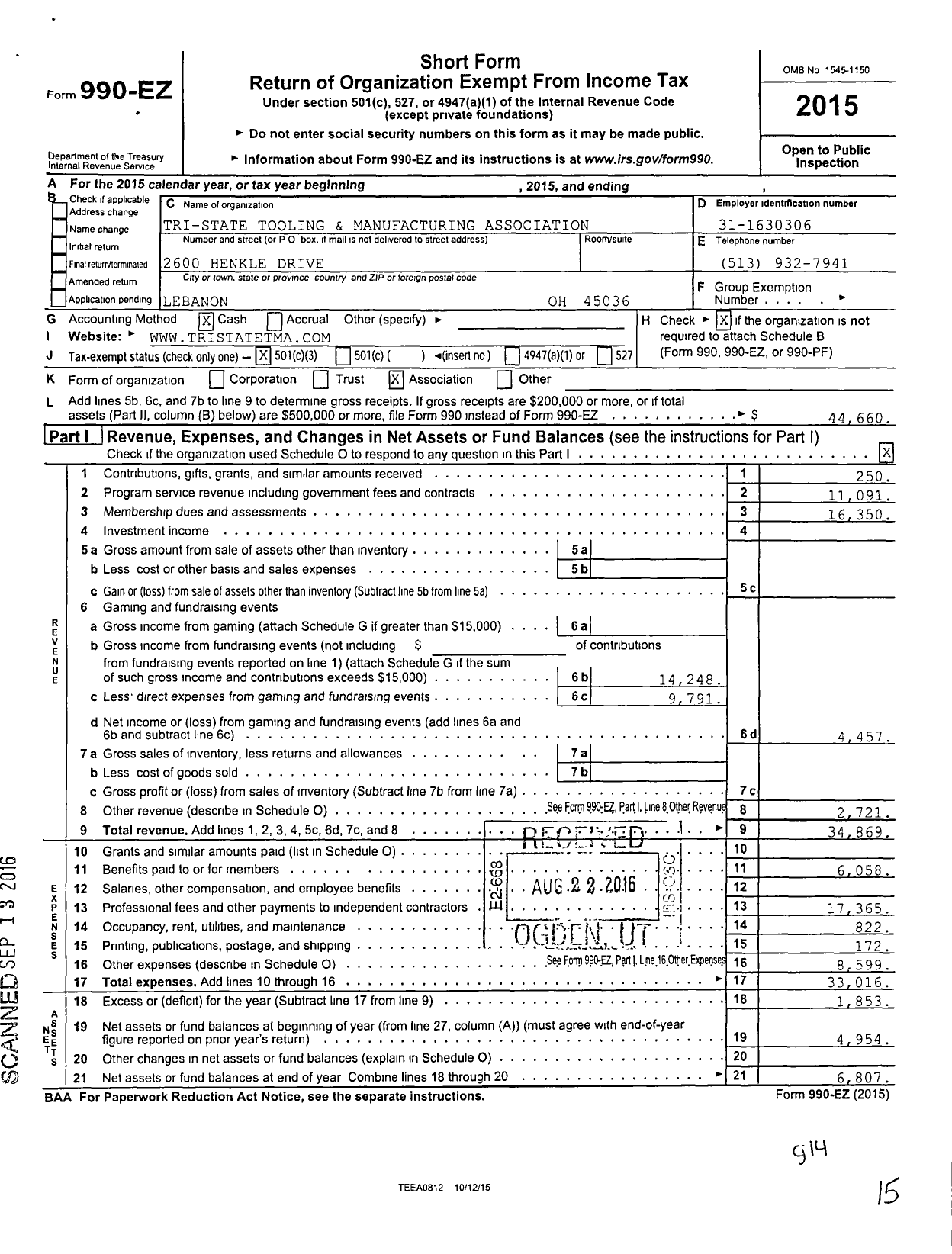 Image of first page of 2015 Form 990EZ for Tri-State Tooling and Machining Association