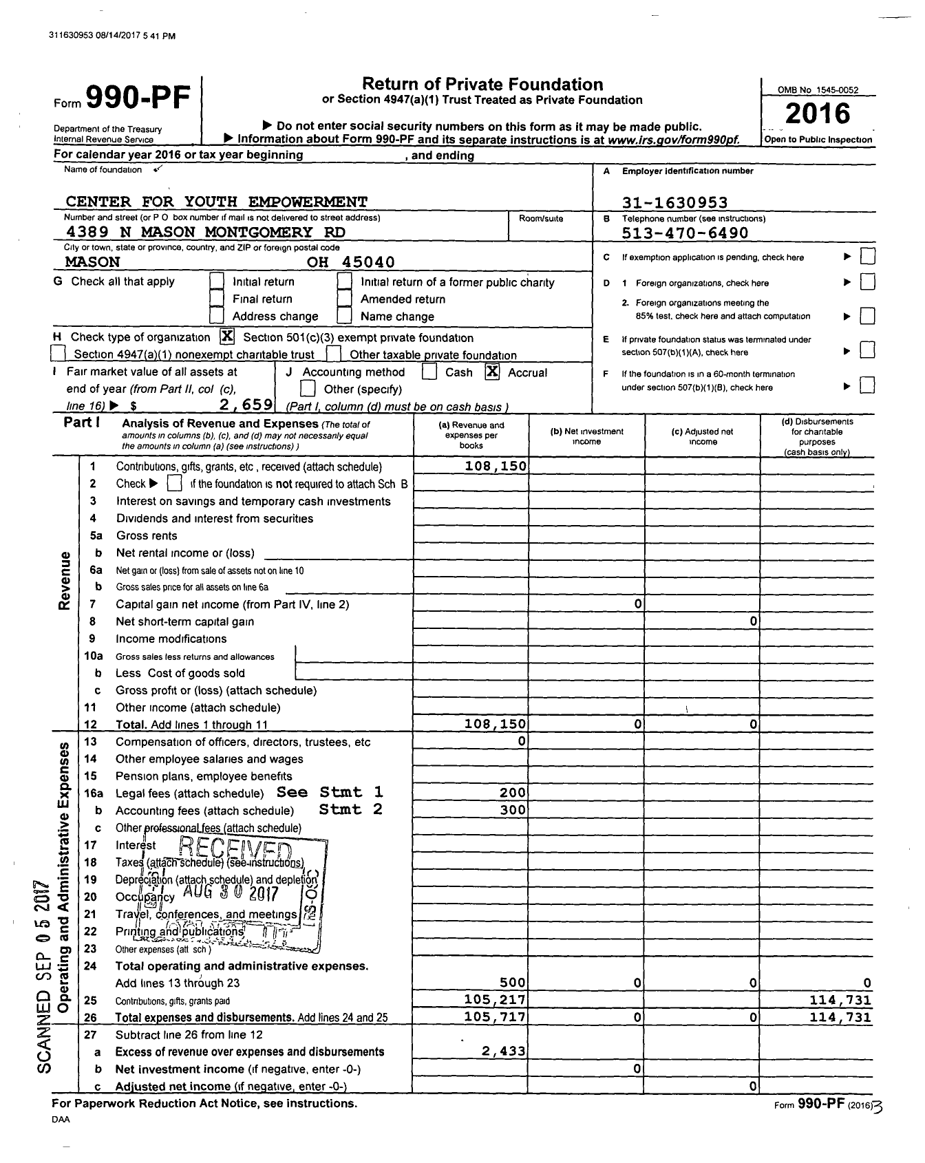 Image of first page of 2016 Form 990PF for Center for Youth Empowerment