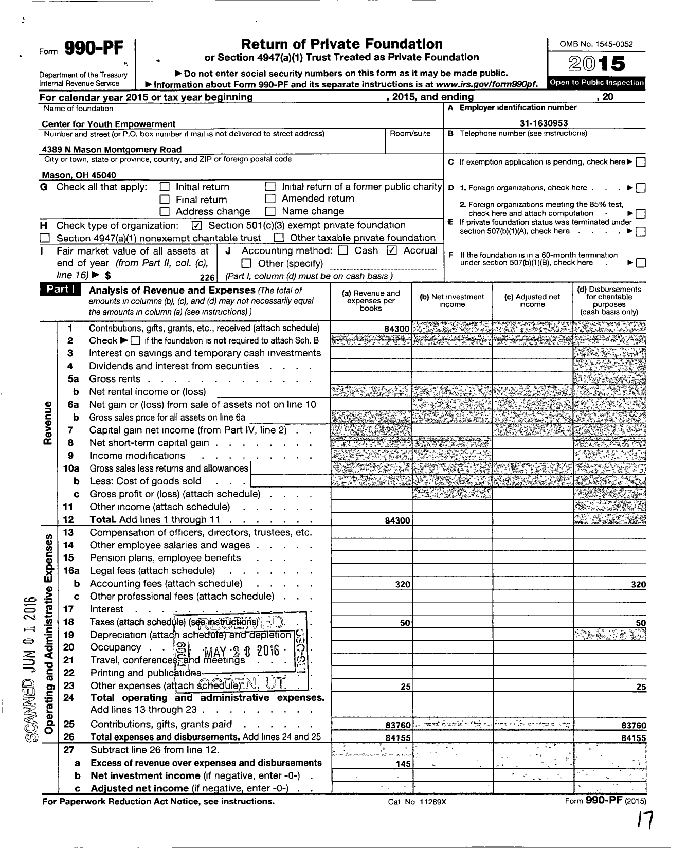 Image of first page of 2015 Form 990PF for Center for Youth Empowerment