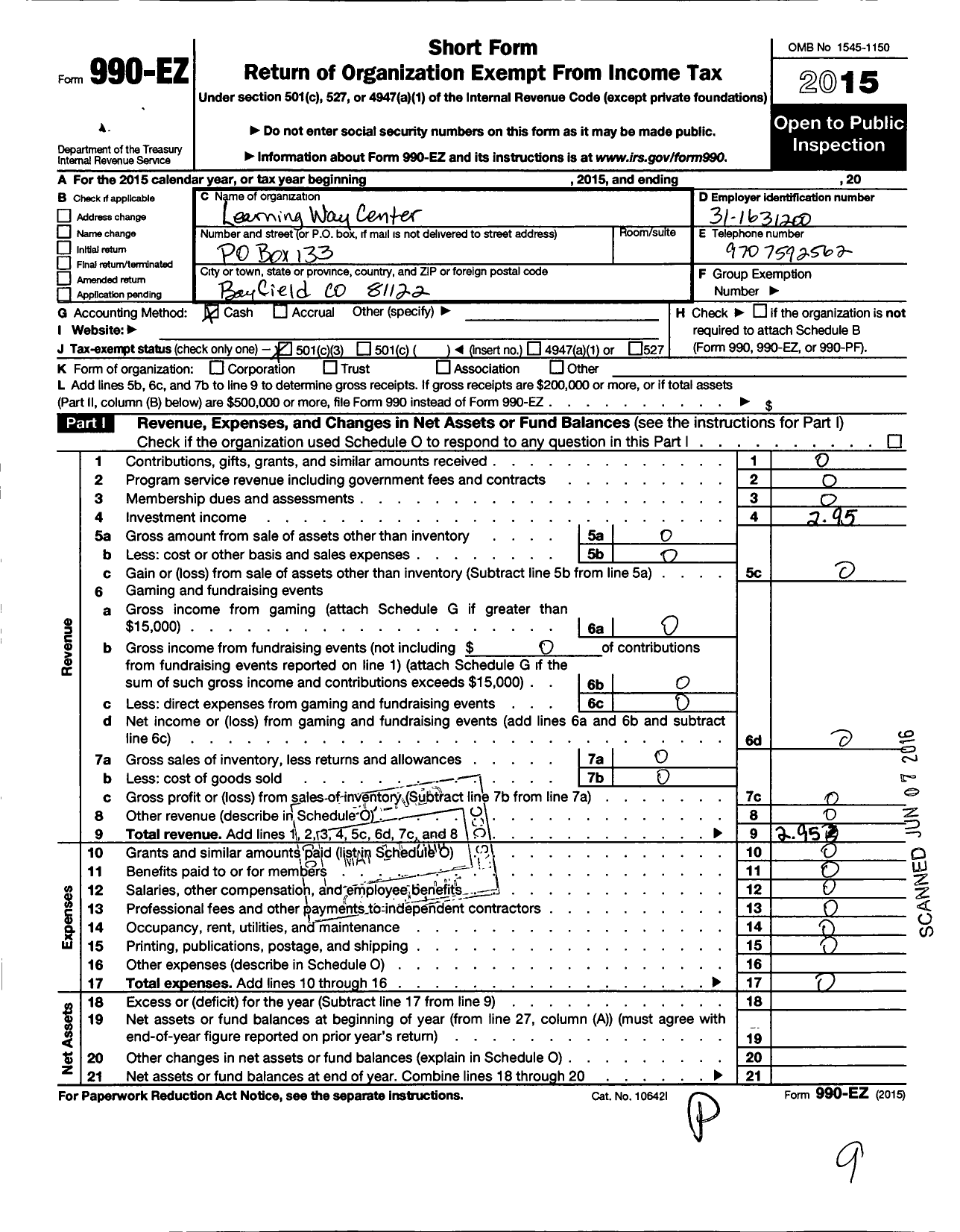 Image of first page of 2015 Form 990EZ for Learningway Center