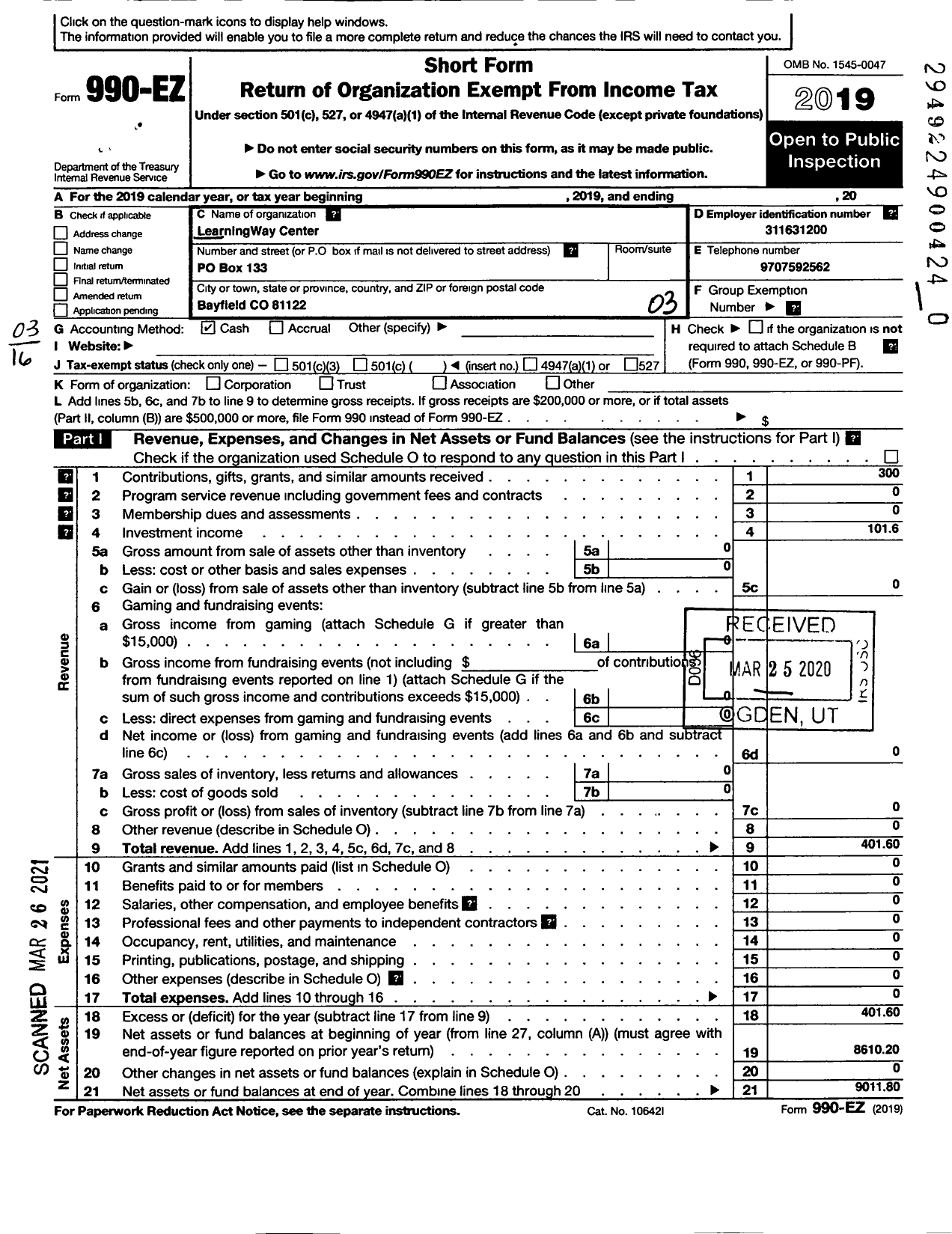 Image of first page of 2019 Form 990EZ for Learningway Center