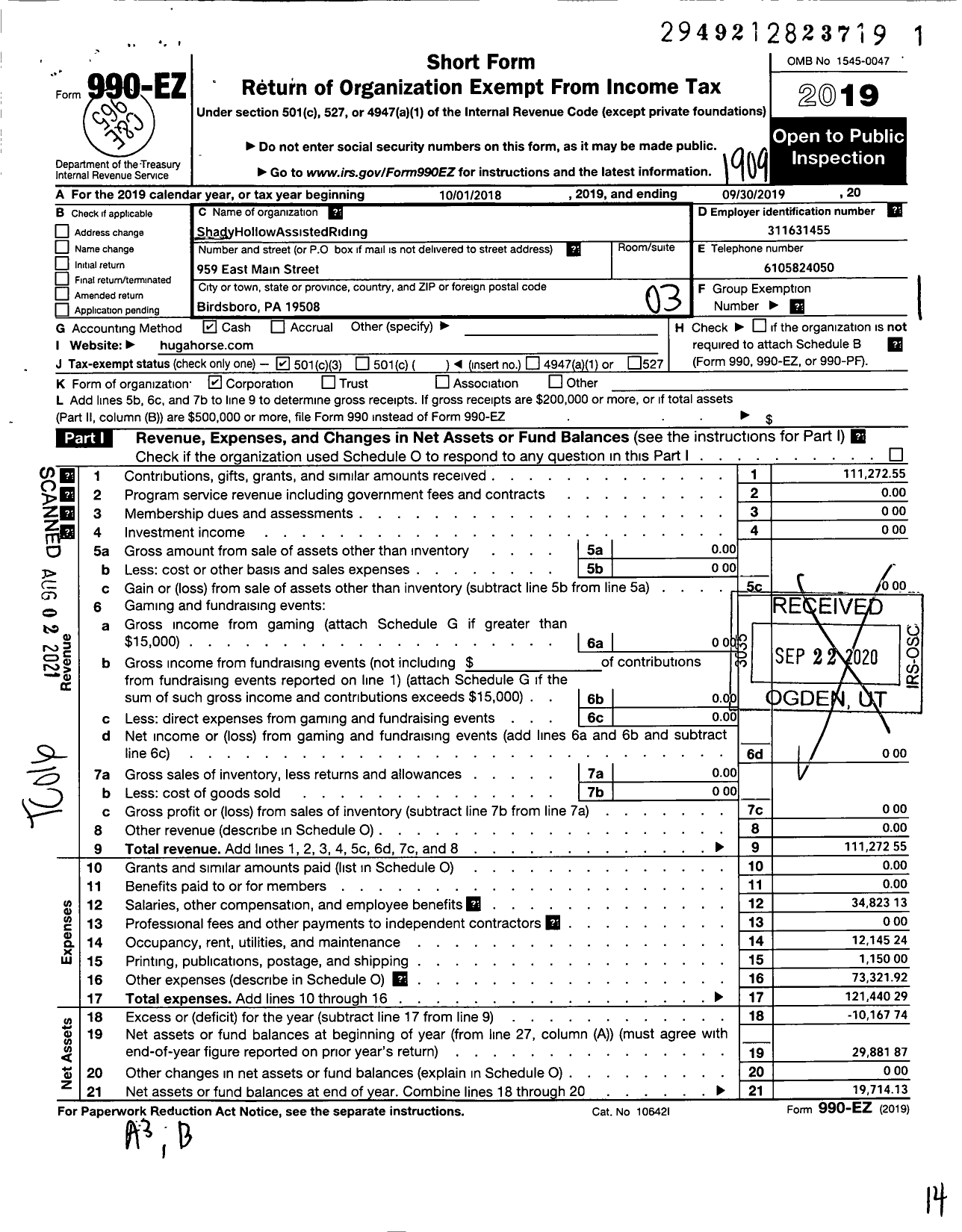 Image of first page of 2018 Form 990EZ for Shady Hollow Assisted Riding