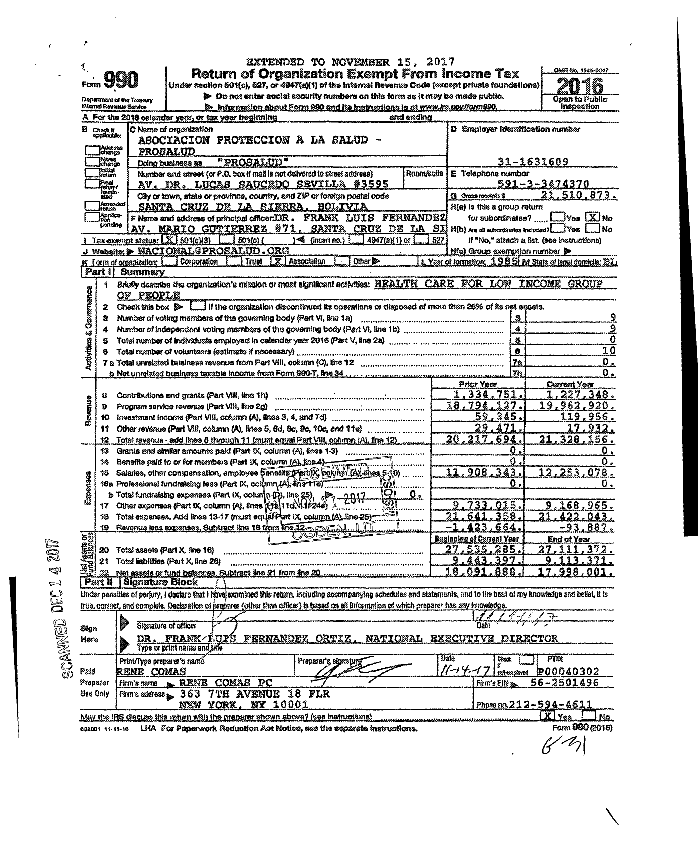 Image of first page of 2016 Form 990 for Prosalud (Prosalud)