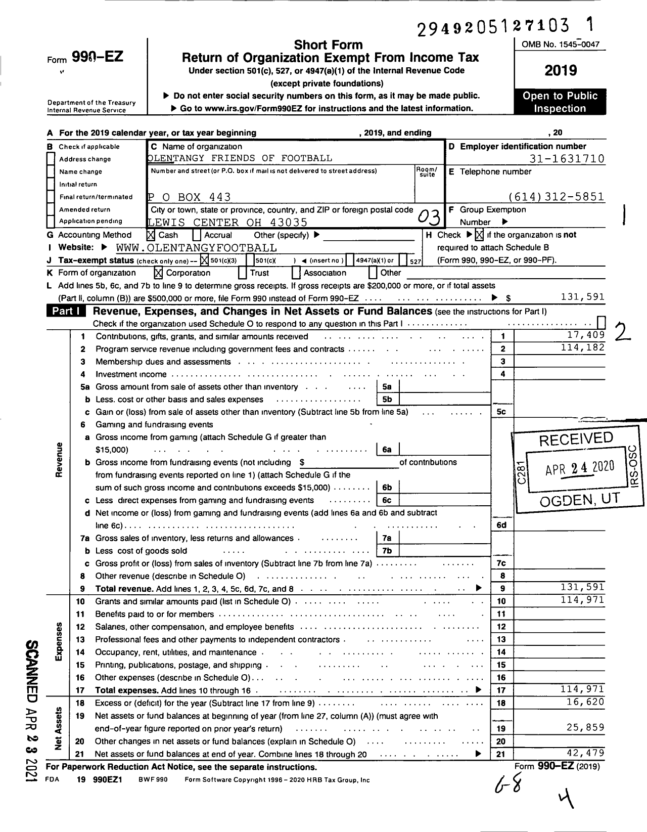 Image of first page of 2019 Form 990EZ for Olentangy Friends of Football