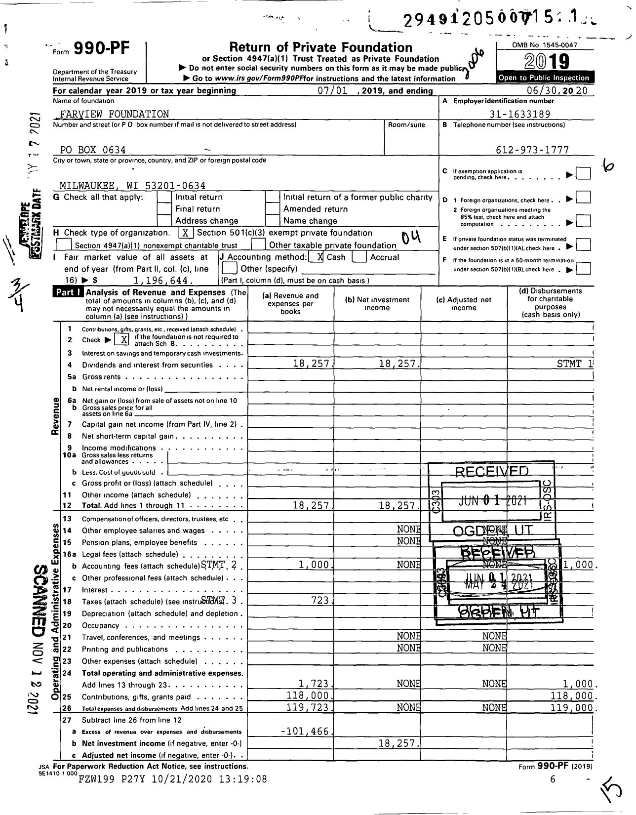 Image of first page of 2019 Form 990PF for Farview Foundation