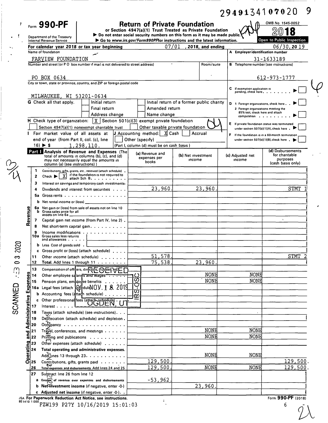 Image of first page of 2018 Form 990PF for Farview Foundation