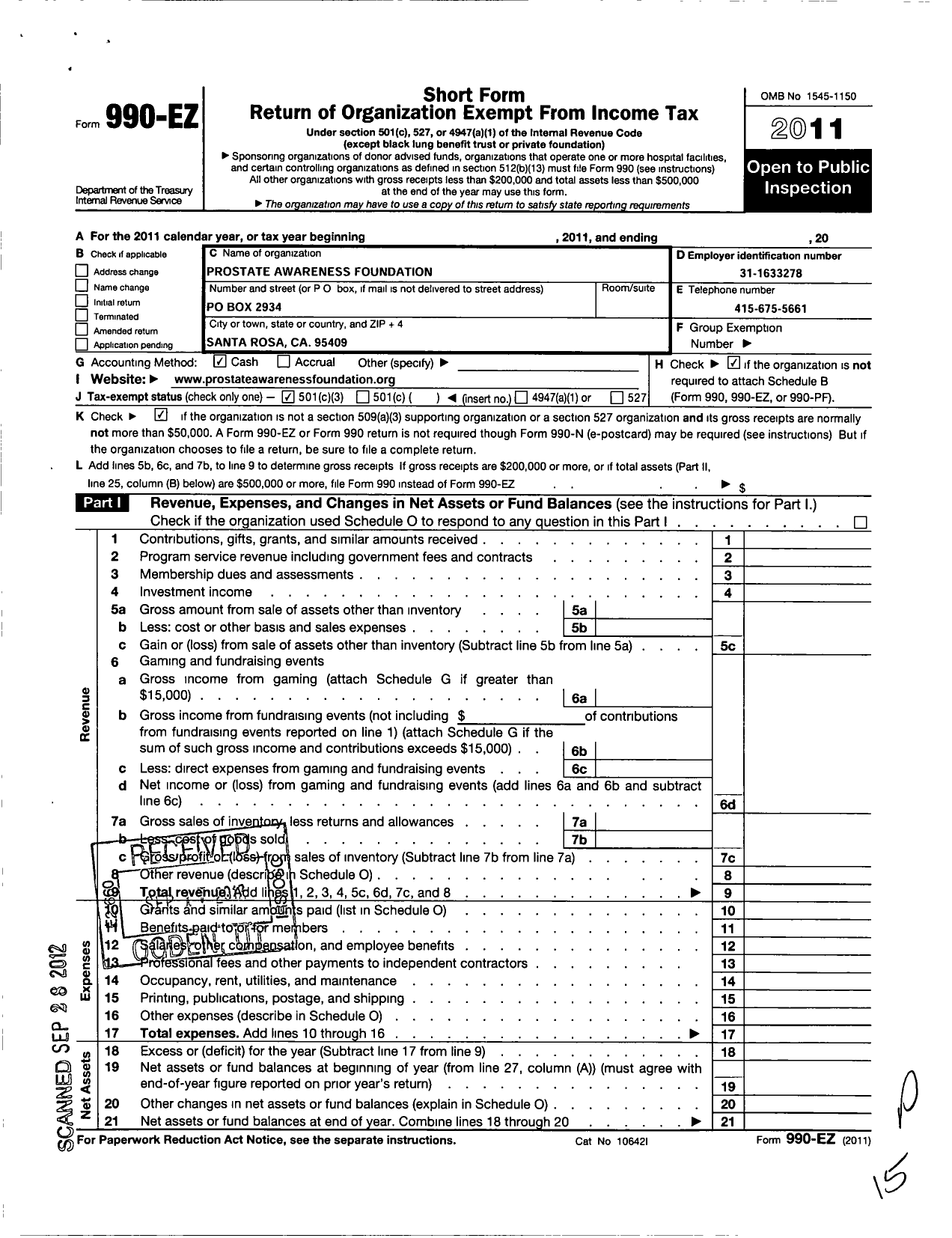 Image of first page of 2011 Form 990EZ for Prostate Awareness Foundation