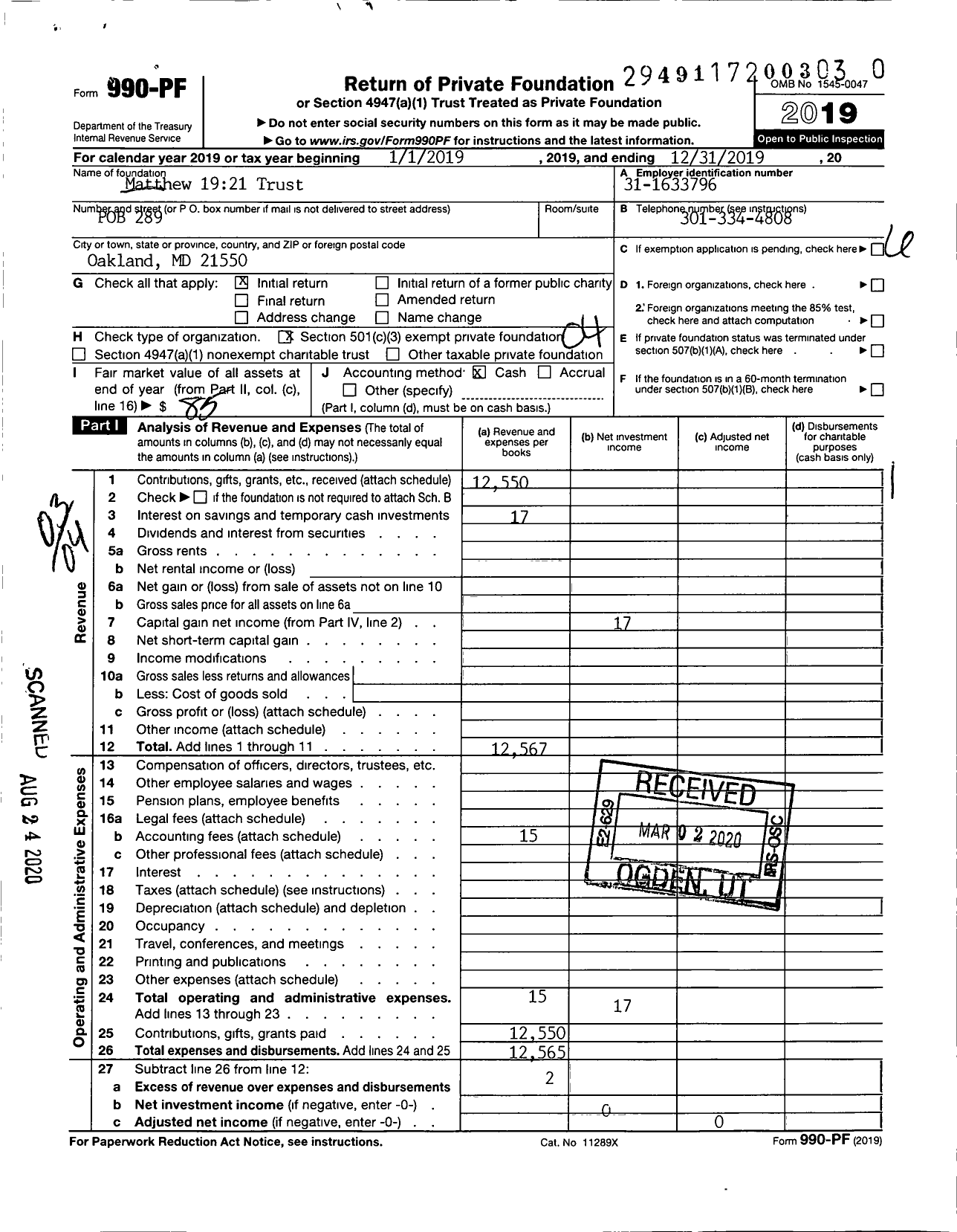 Image of first page of 2019 Form 990PR for Matthew 1921 Trust