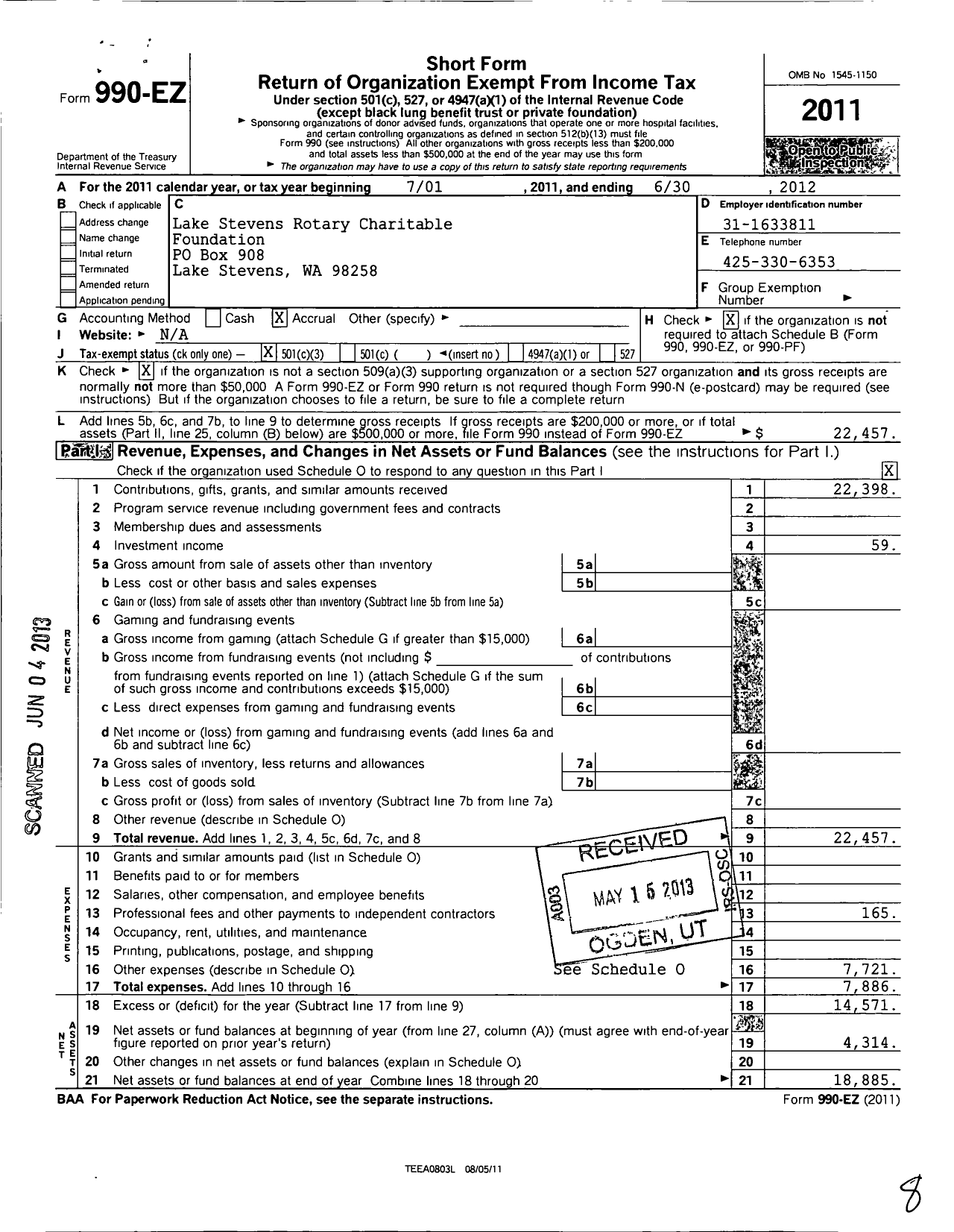 Image of first page of 2011 Form 990EZ for Lake Stevens Rotary Lub Foundation