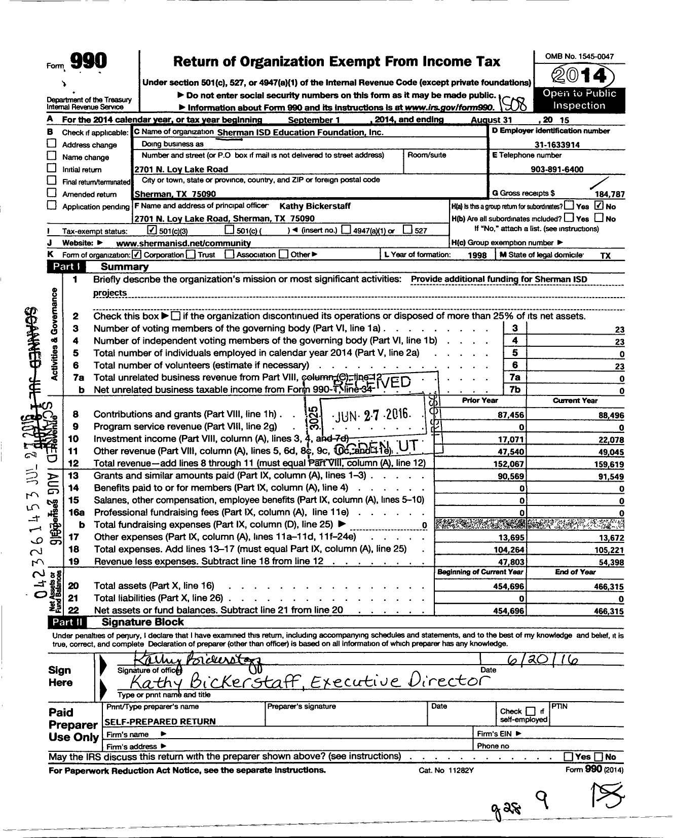 Image of first page of 2014 Form 990 for Sherman Isd Education Foundation