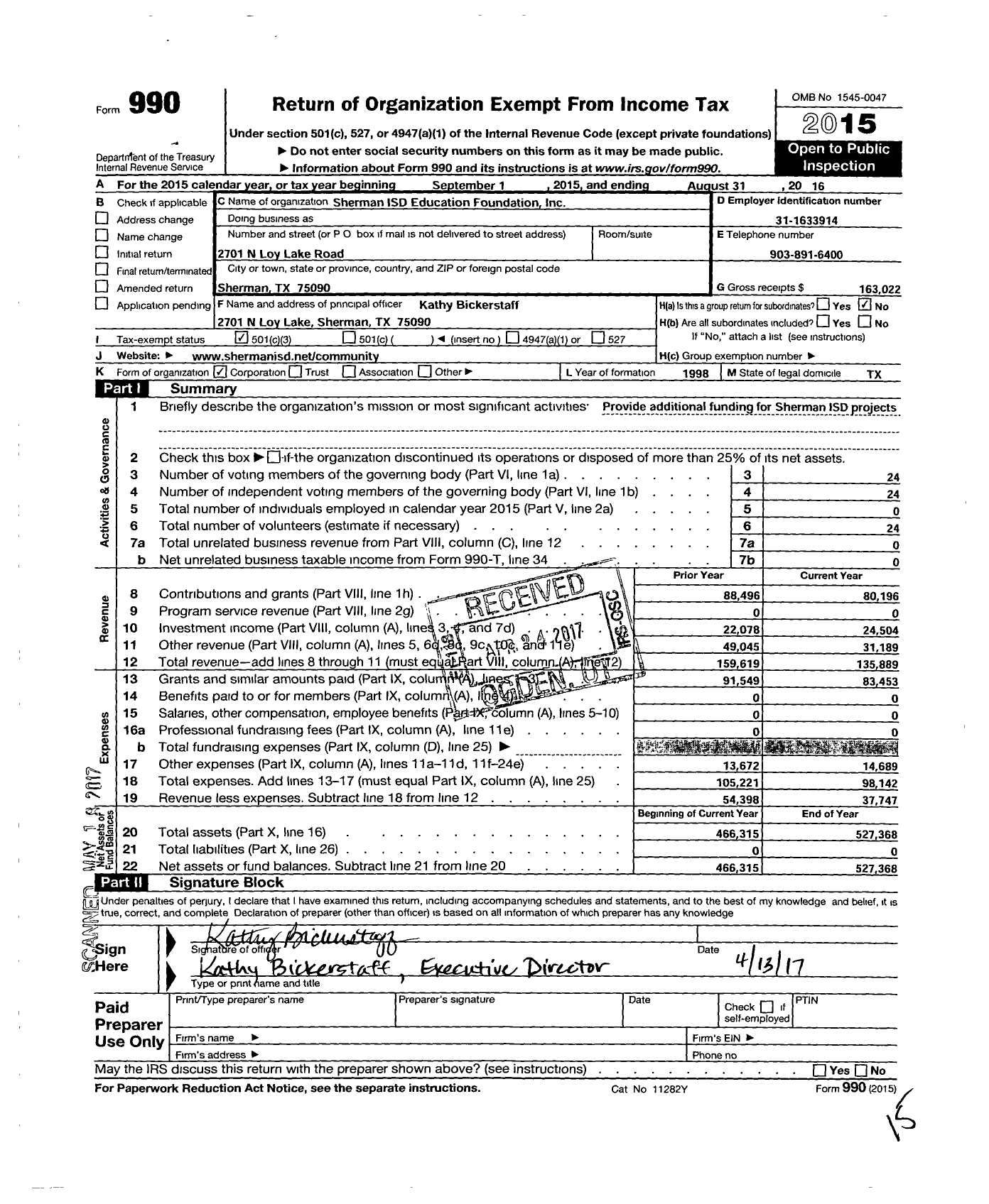 Image of first page of 2014 Form 990 for Sherman Isd Education Foundation