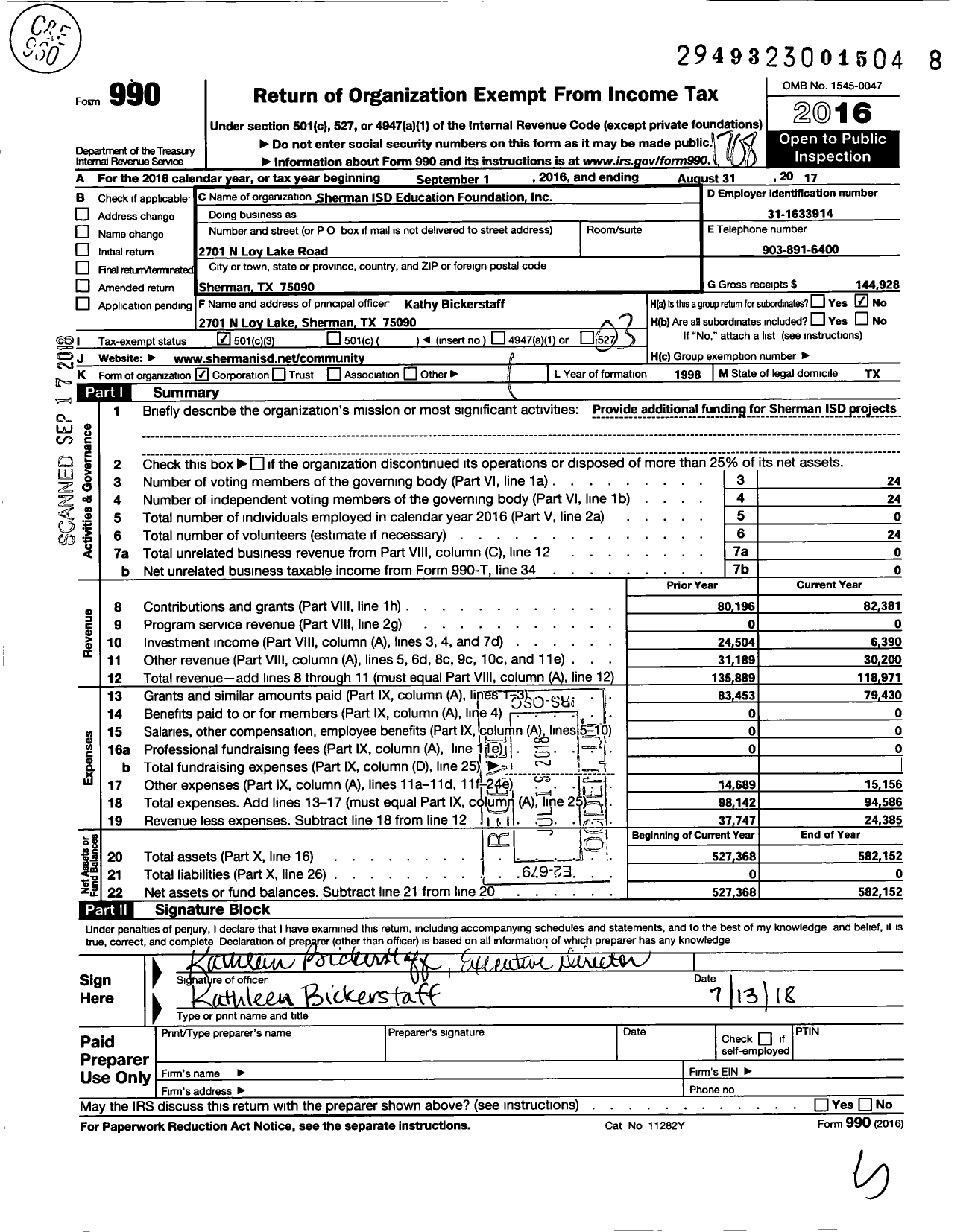 Image of first page of 2016 Form 990 for Sherman Isd Education Foundation