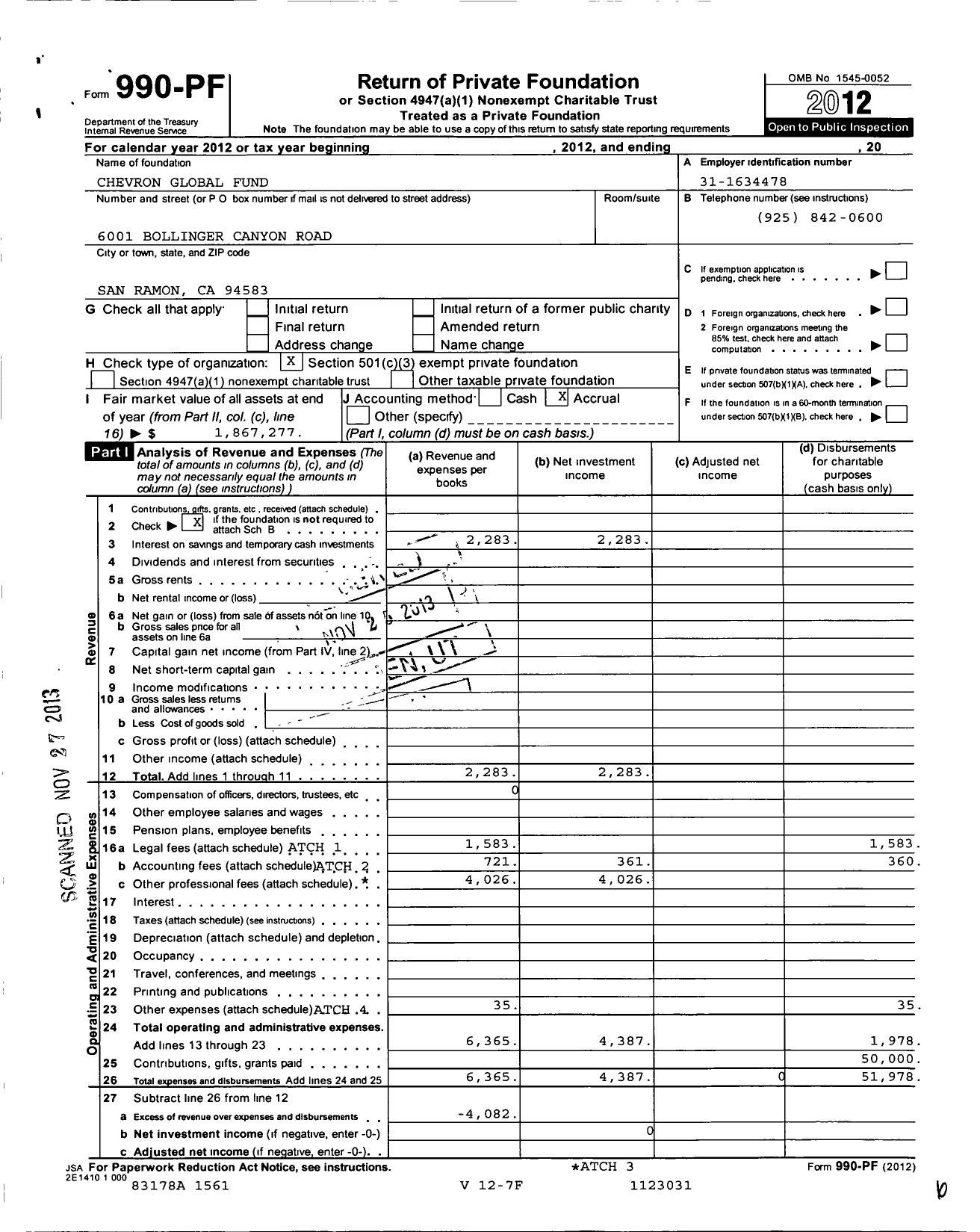 Image of first page of 2012 Form 990PF for Chevron Global Fund