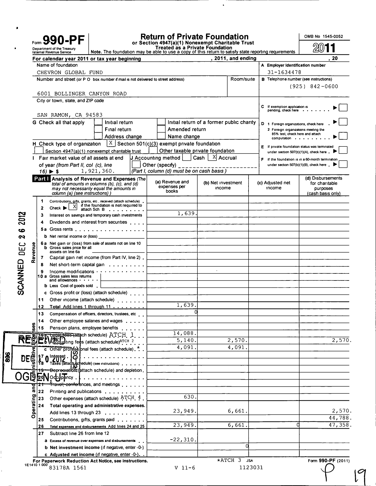 Image of first page of 2011 Form 990PF for Chevron Global Fund