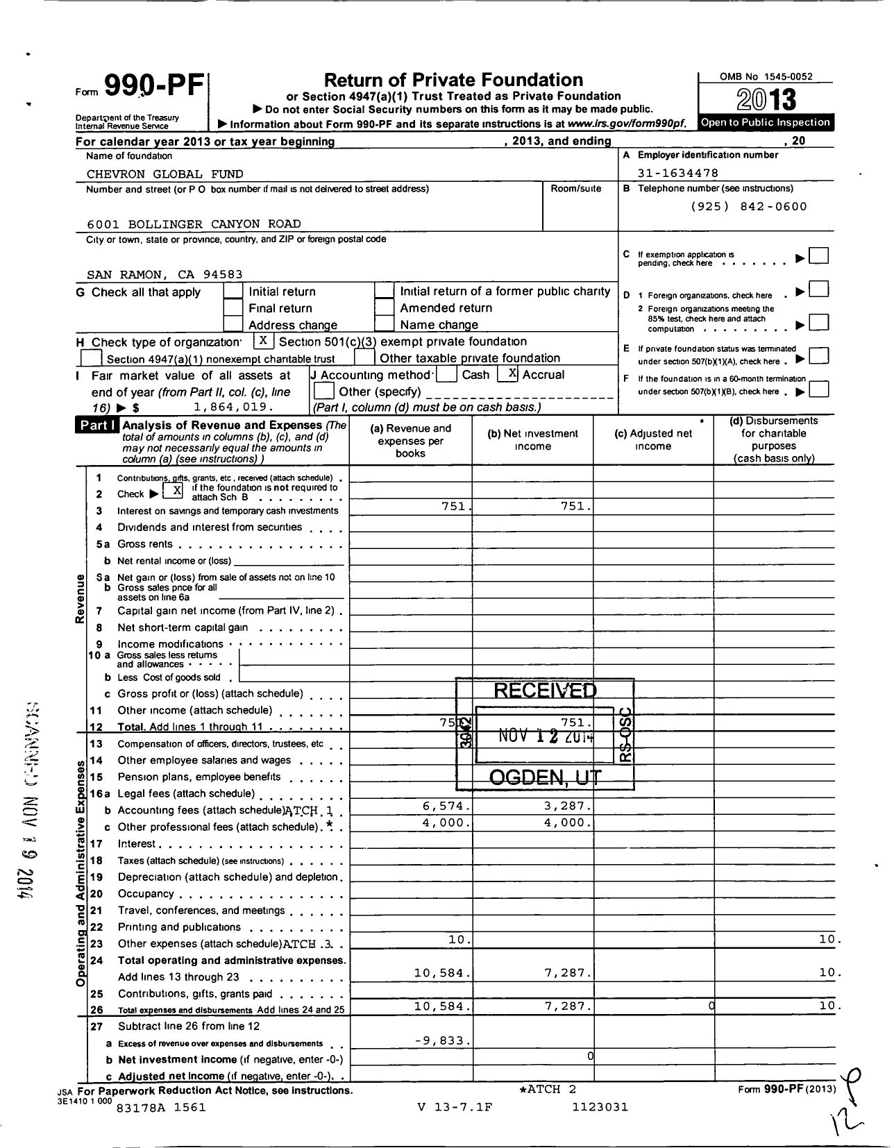 Image of first page of 2013 Form 990PF for Chevron Global Fund