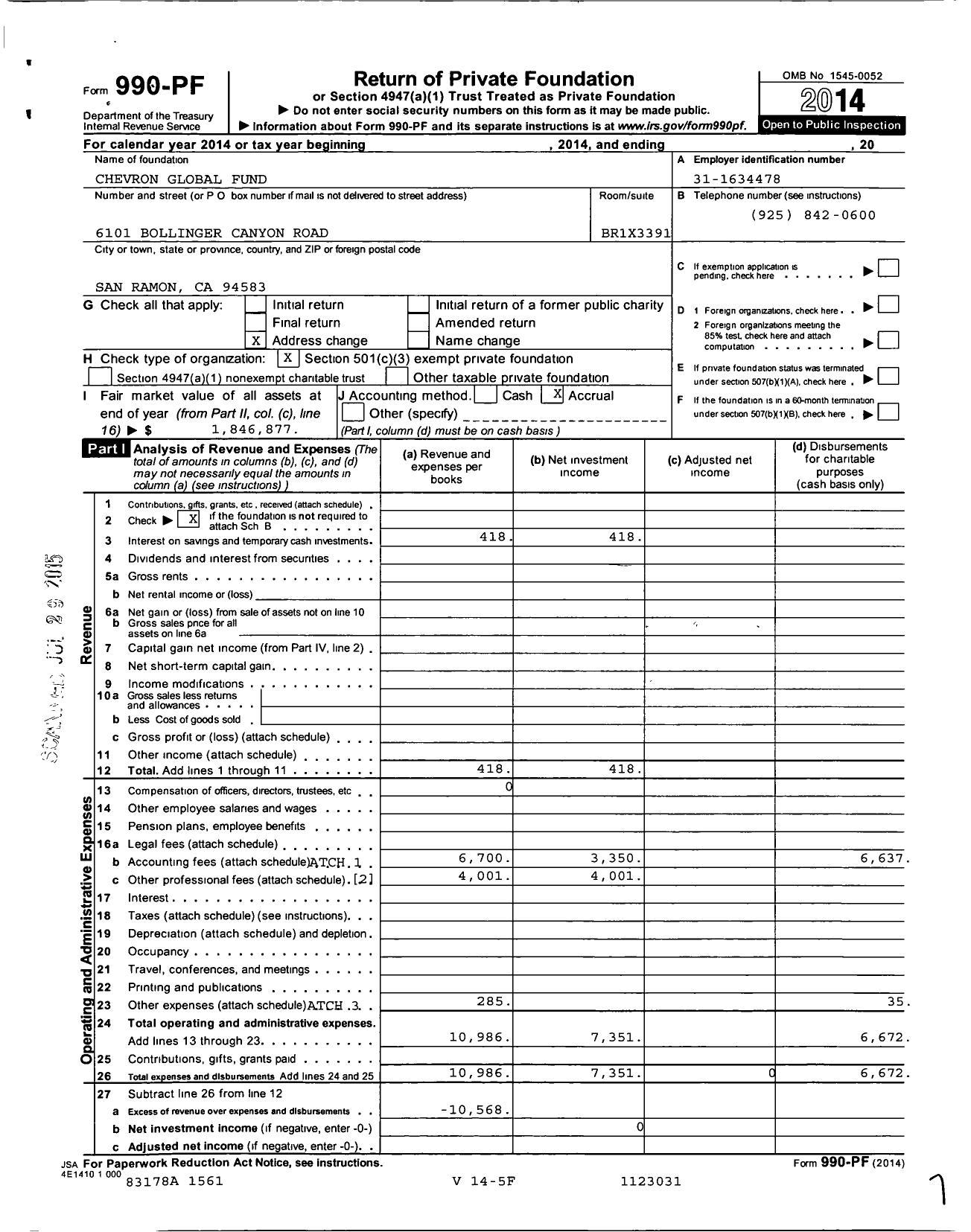 Image of first page of 2014 Form 990PF for Chevron Global Fund