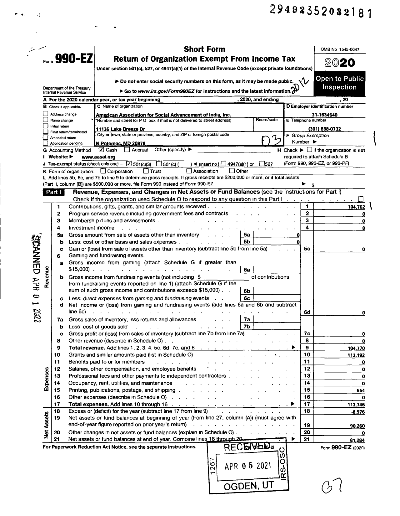 Image of first page of 2020 Form 990EZ for American Association for Social Advancement of India