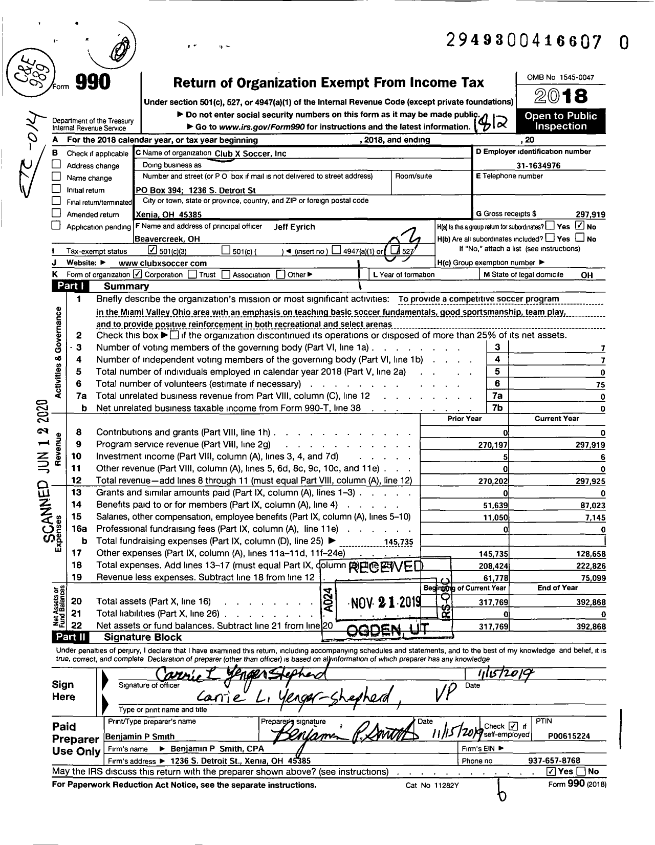 Image of first page of 2018 Form 990 for Club X Soccer