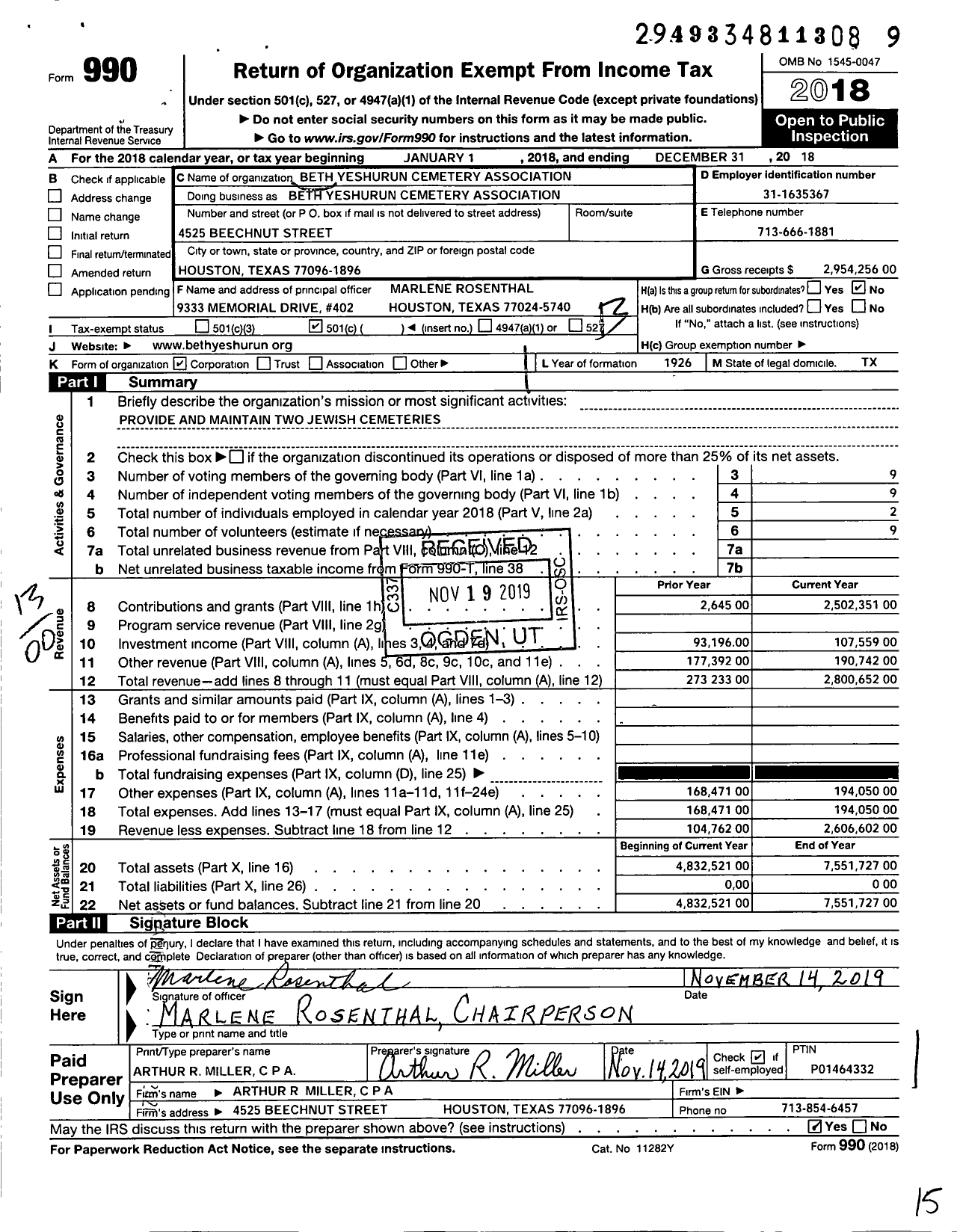 Image of first page of 2018 Form 990O for Beth Yeshurun Cemetery Association