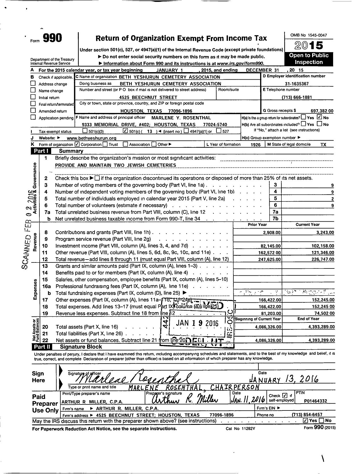 Image of first page of 2015 Form 990O for Beth Yeshurun Cemetery Association
