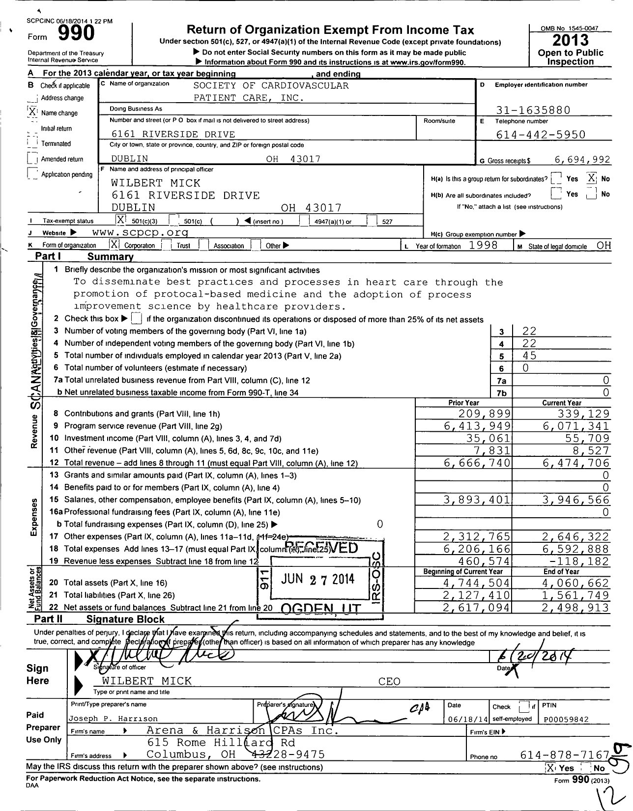 Image of first page of 2013 Form 990 for Society of Cardiovascular Patient Care (SCPC)