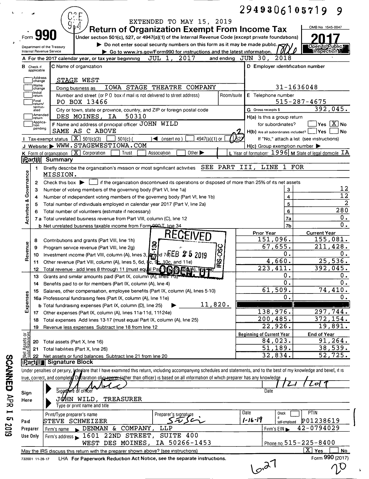 Image of first page of 2017 Form 990 for Stage West