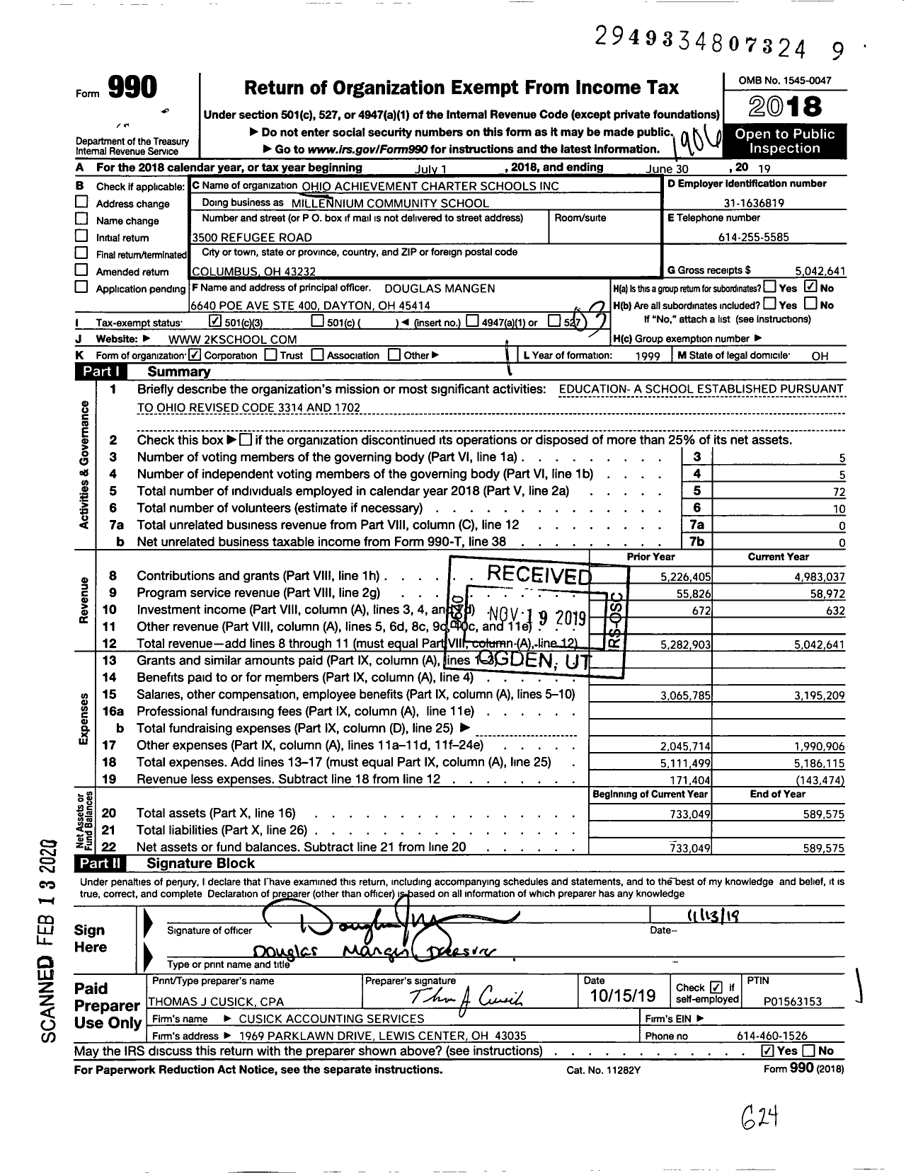 Image of first page of 2018 Form 990 for Ohio Achievement Charter Schools Millennium Community School