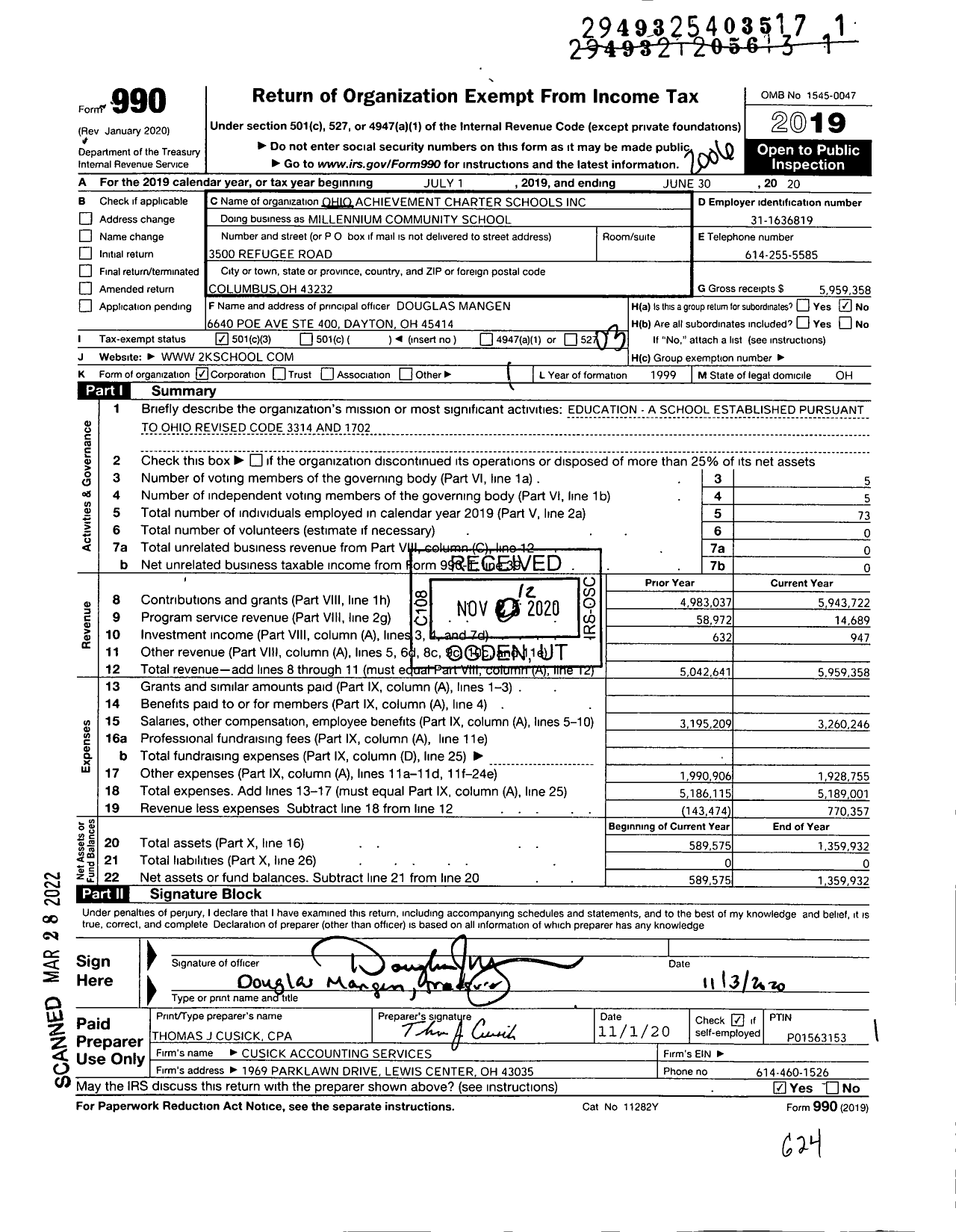 Image of first page of 2019 Form 990 for Ohio Achievement Charter Schools Millennium Community School