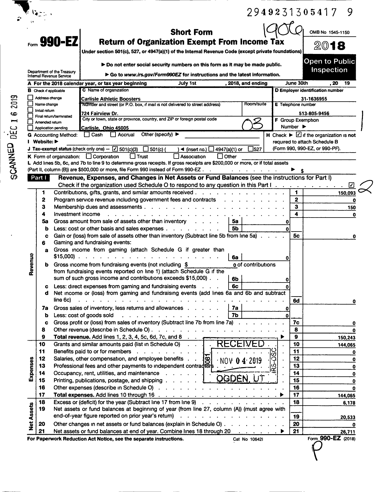 Image of first page of 2018 Form 990EZ for Carlisle Athletic Booster