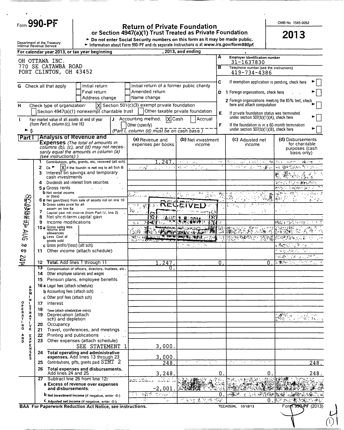 Image of first page of 2013 Form 990PF for Oh Ottawa