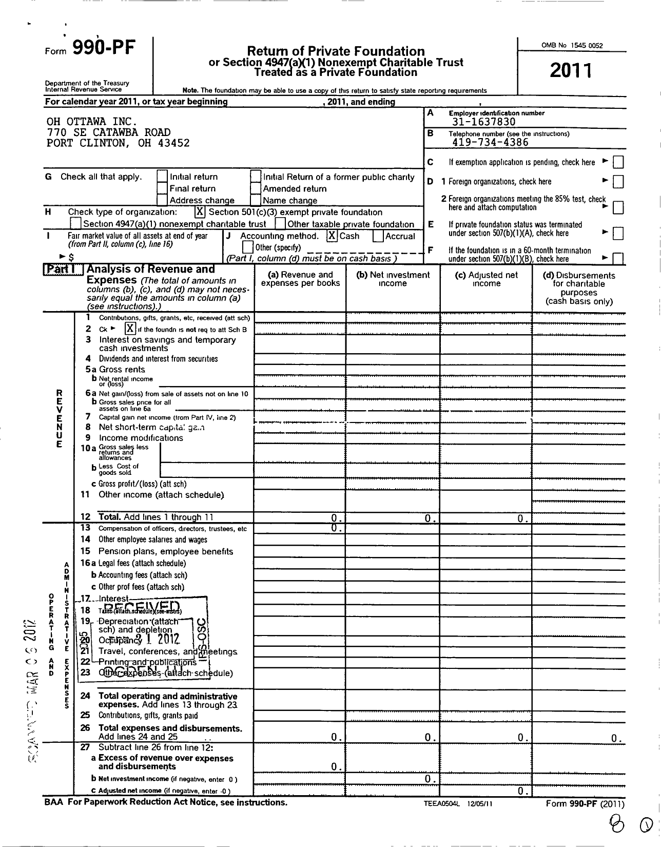 Image of first page of 2011 Form 990PF for Oh Ottawa