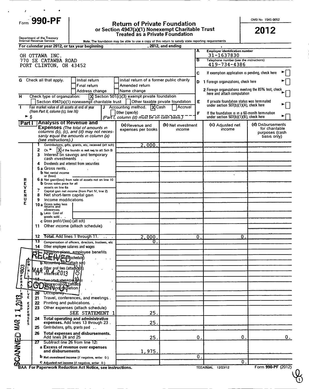 Image of first page of 2012 Form 990PF for Oh Ottawa