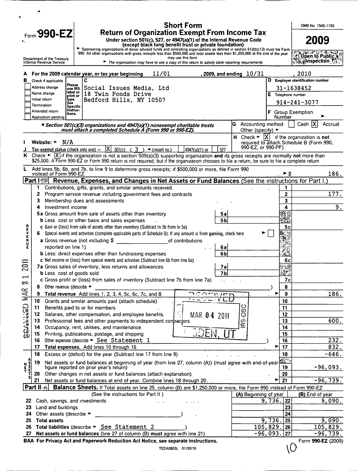 Image of first page of 2009 Form 990EZ for Social Issues Media