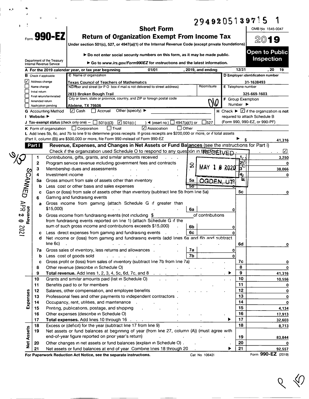 Image of first page of 2019 Form 990EO for Texas Council of Teachers of Mathematics