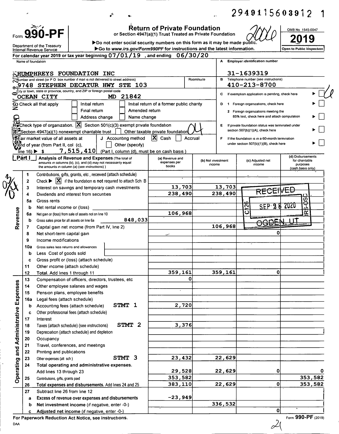 Image of first page of 2019 Form 990PF for Humphreys Foundation