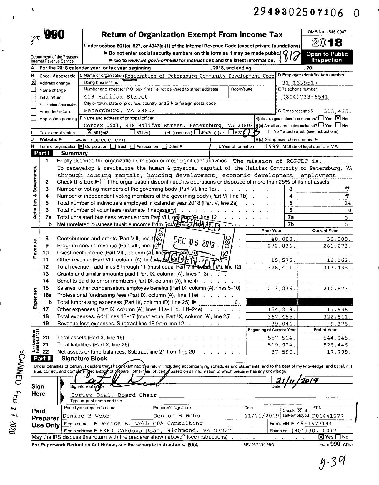 Image of first page of 2018 Form 990 for Restoration of Petersburg Community Development Corp