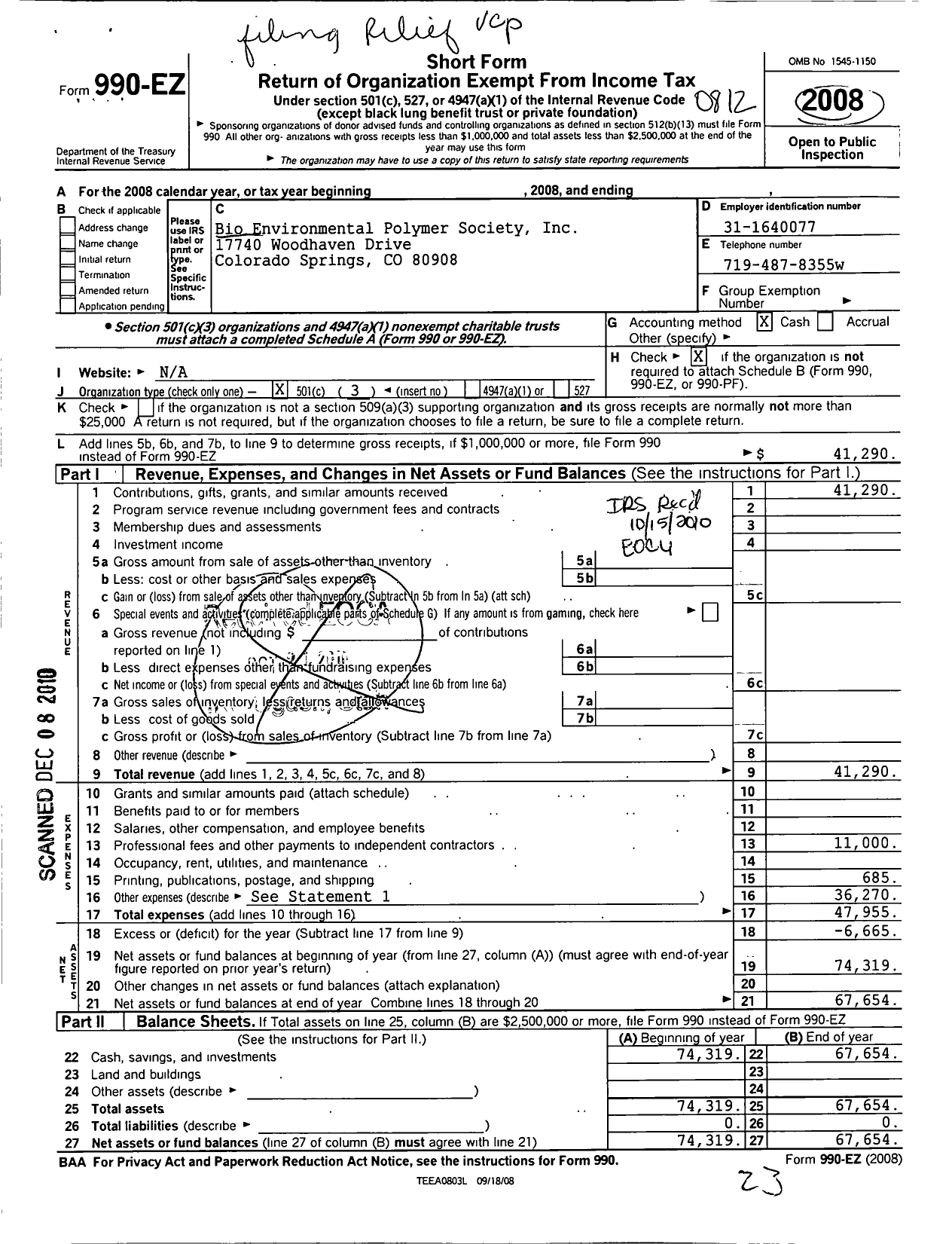 Image of first page of 2008 Form 990EZ for Bio Environmentally Degradable Polymer Society