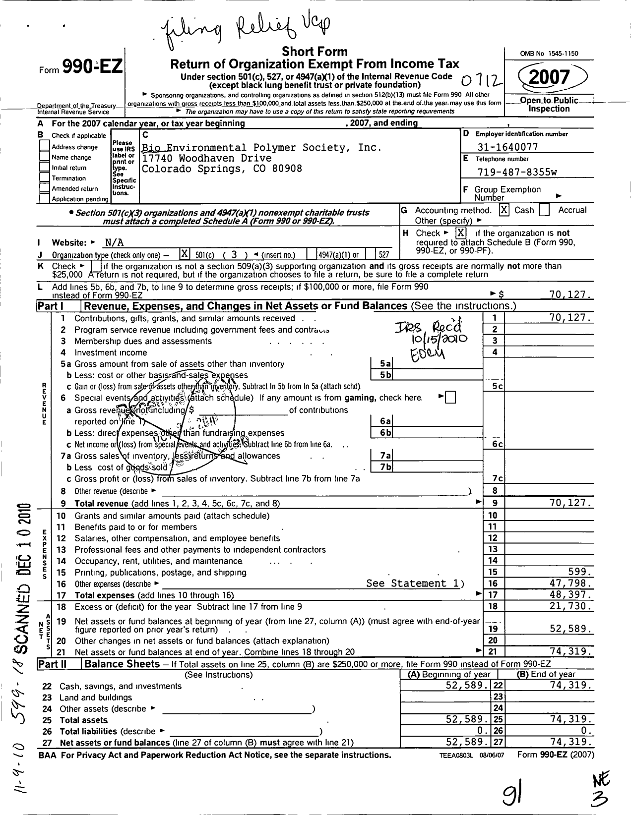 Image of first page of 2007 Form 990EZ for Bio Environmentally Degradable Polymer Society