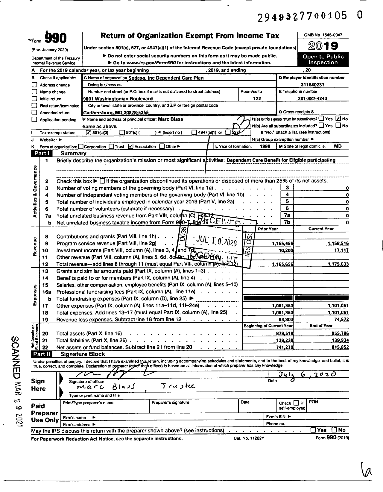 Image of first page of 2019 Form 990 for SODEXO Inc Dependent Care Plan