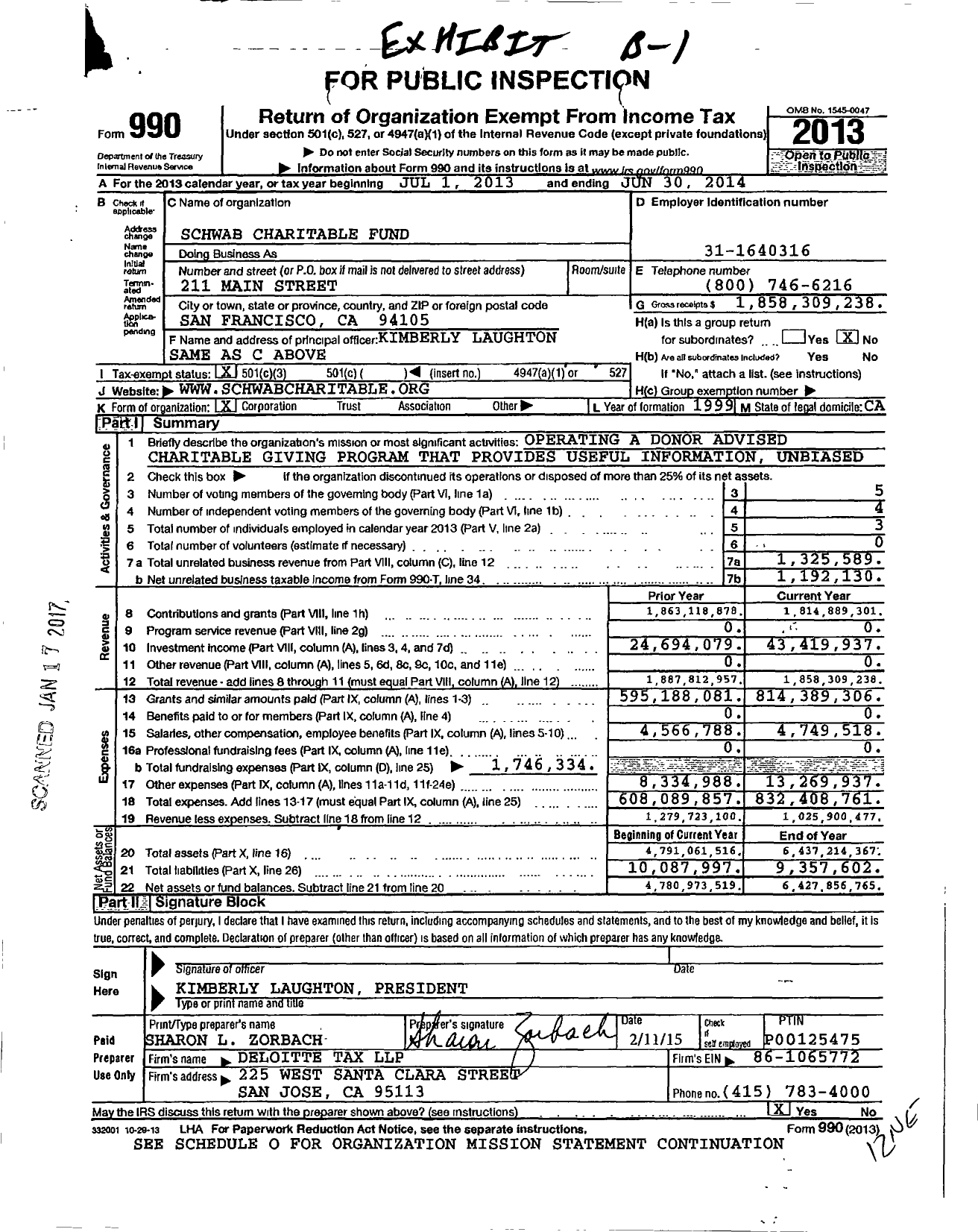 Image of first page of 2013 Form 990 for Schwab Charitable Fund