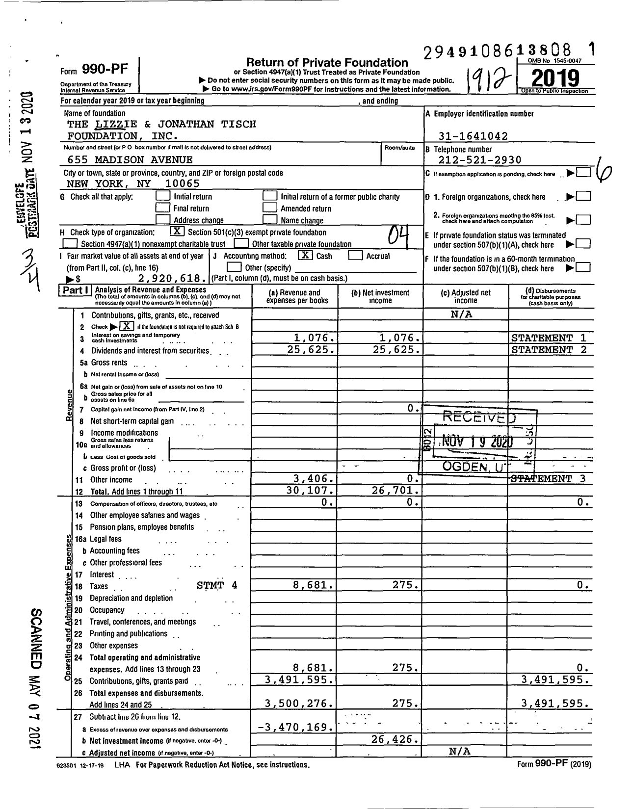 Image of first page of 2019 Form 990PF for The Lizzie and Jonathan Tisch Foundation