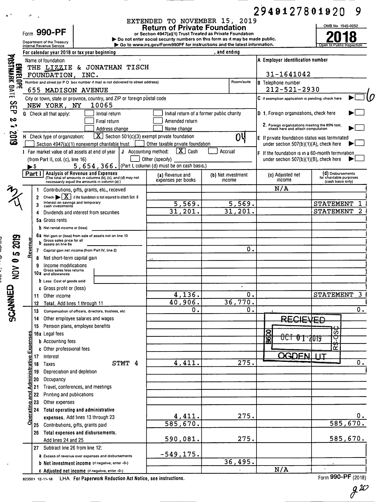 Image of first page of 2018 Form 990PF for The Lizzie and Jonathan Tisch Foundation