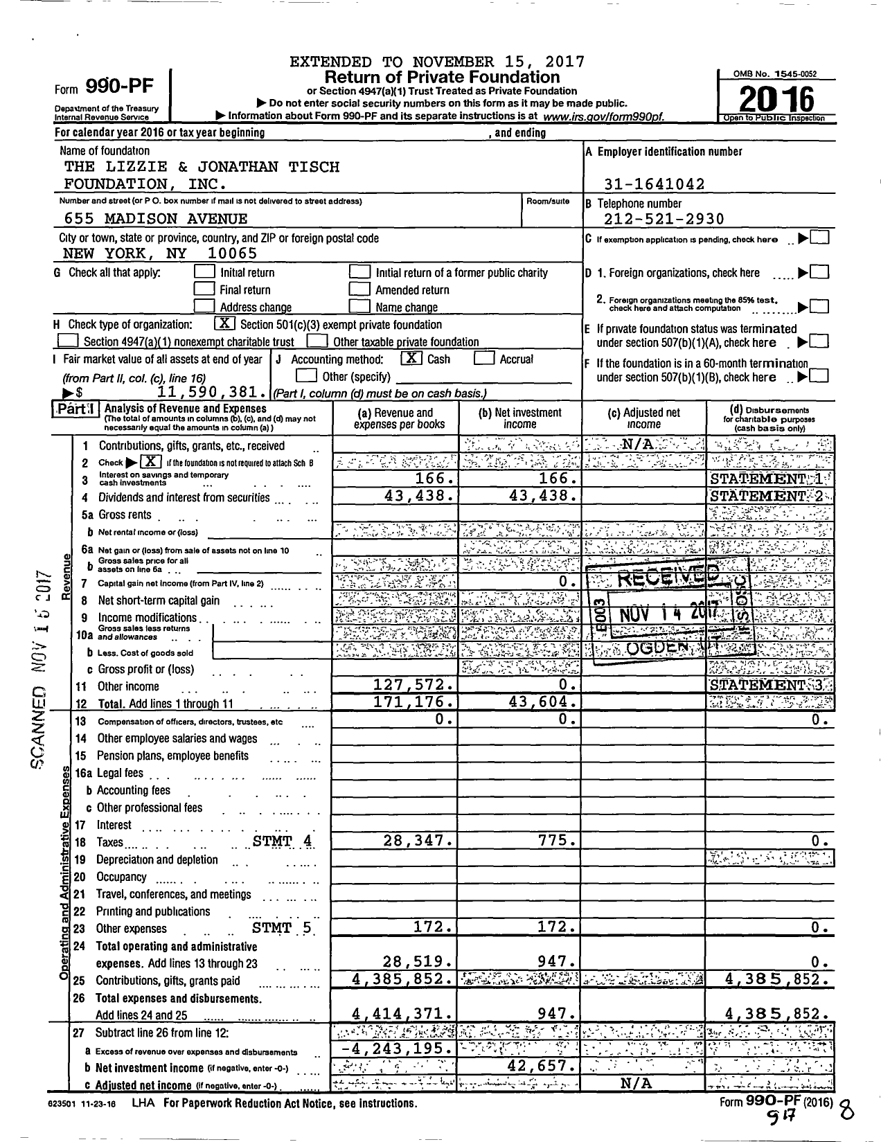 Image of first page of 2016 Form 990PF for The Lizzie and Jonathan Tisch Foundation